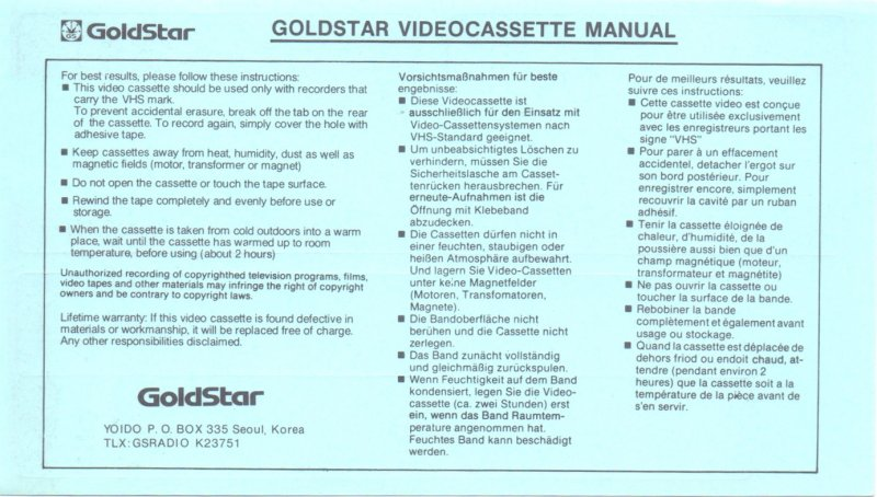 VHS, Video Home System Goldstar Super Alpha 195 Type I Normal 1992 Europe