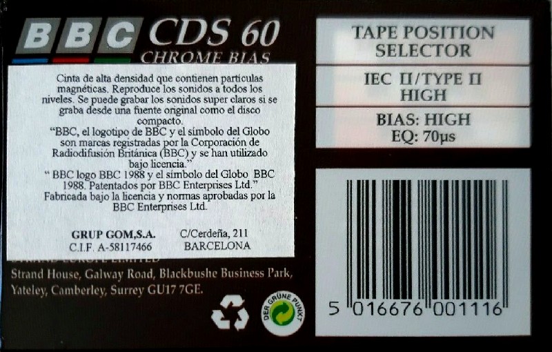 Compact Cassette BBC CDS 60 Type II Chrome 1988 UK