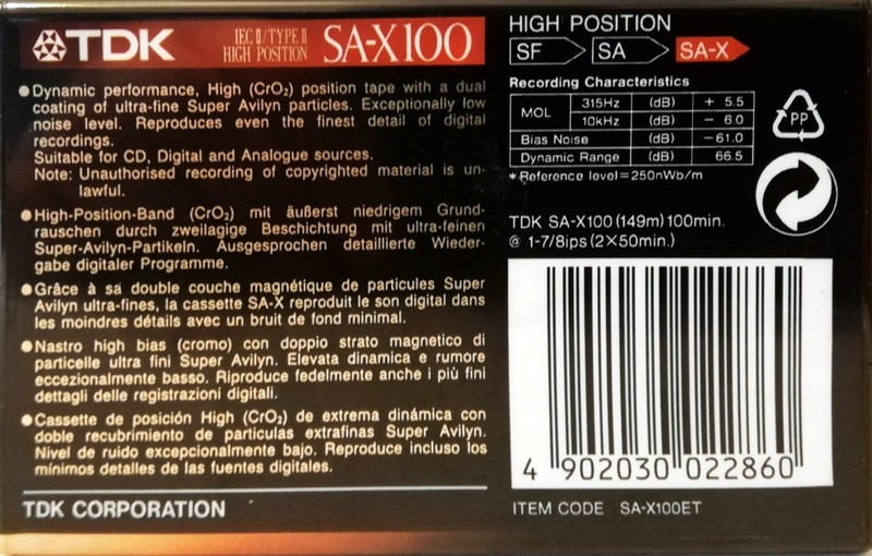Compact Cassette TDK SA-X 100 "SA-X100ET" Type II Chrome 1992 Europe