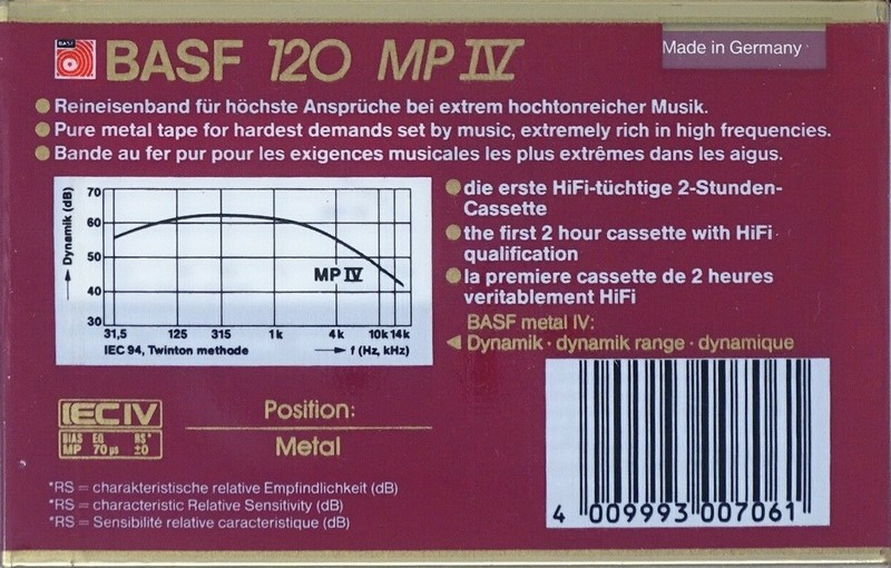 Compact Cassette BASF Metal IV 120 "ME IV / MP IV" Type IV Metal 1985 Europe