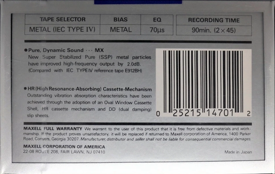 Compact Cassette Maxell MX 90 Type IV Metal 1990 USA