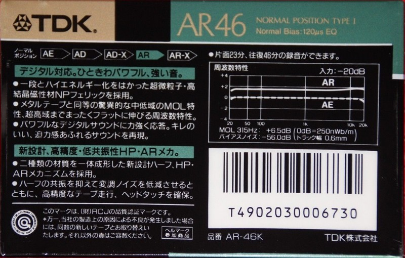 Compact Cassette TDK AR 46 "AR-46K" Type I Normal 1989 Japan