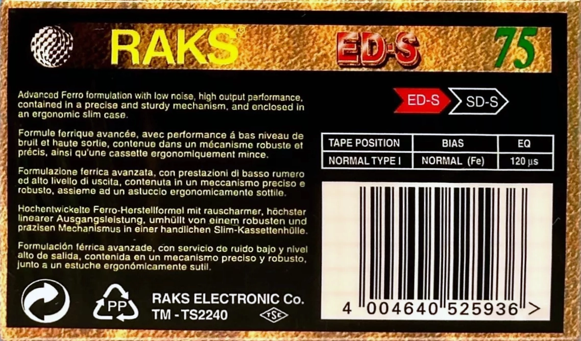 Compact Cassette RAKS ED-S 75 Type I Normal 1993 Europe