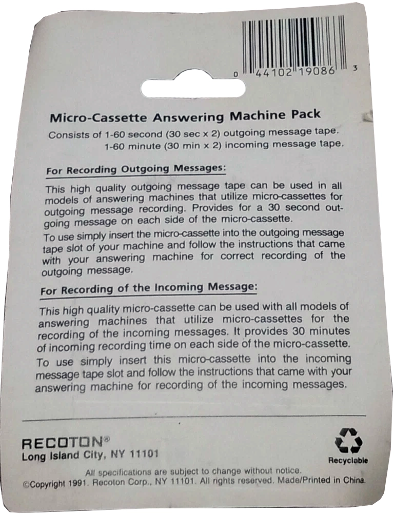 Blister Recoton 60 "T86" Type I Normal 1991 USA