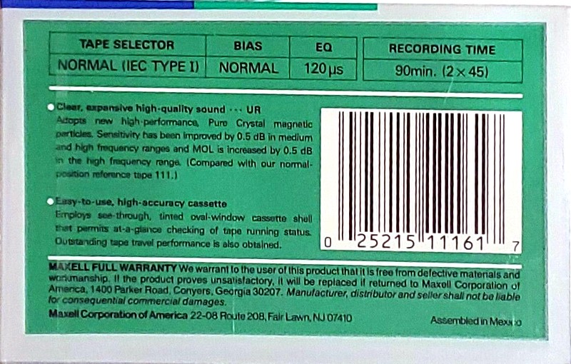 Compact Cassette Maxell UR 90 Type I Normal 1988 USA