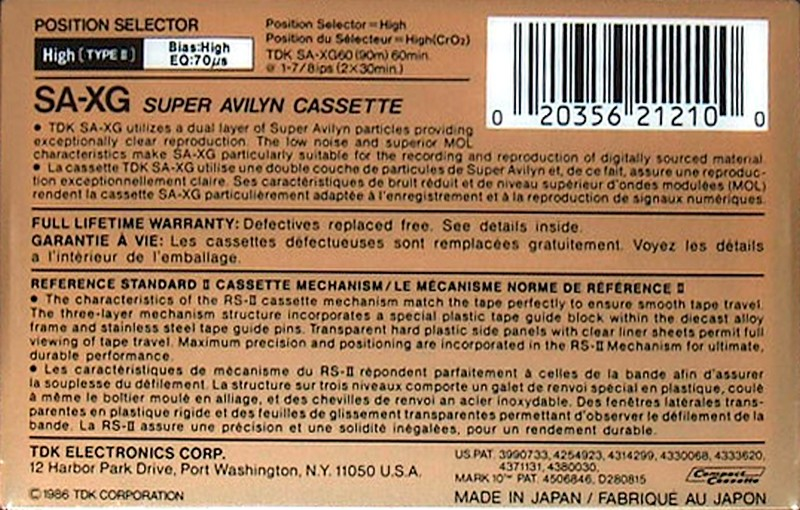 Compact Cassette TDK SA-XG 60 Type II Chrome 1986 North America