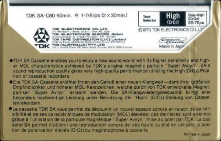 Compact Cassette TDK SA 60 Type II Chrome 1979 Australia, Europe
