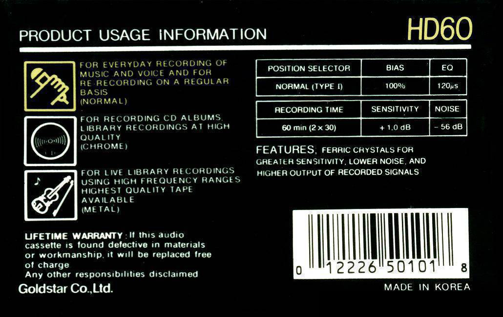 Compact Cassette Goldstar HD 60 Type I Normal 1989 USA