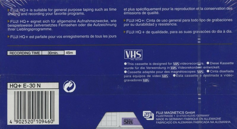 VHS, Video Home System Fuji HQ+ 30 "HQ+ E-30 N" Type I Normal Europe