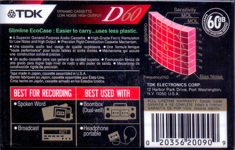 Compact Cassette TDK D 60 Type I Normal 1992 North America