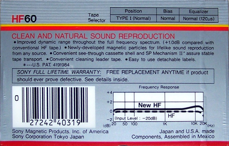 Compact Cassette Sony HF 60 Type I Normal 1986 USA