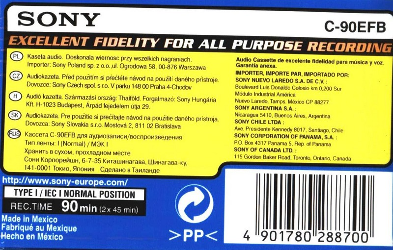 Compact Cassette Sony EF 90 "C-90EFB" Type I Normal 1999 Worldwide