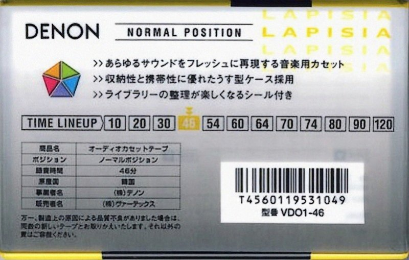 Compact Cassette Denon Lapisia 46 "VDO1-46" Type I Normal 1997 Japan