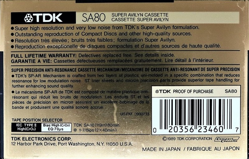 Compact Cassette TDK SA 80 "SA80" Type II Chrome 1989 North America