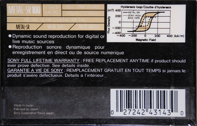 Compact Cassette Sony Metal SR 100 Type IV Metal 1990 Canada, USA