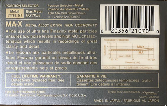 Compact Cassette TDK MA-X 60 Type I Normal 1986 North America
