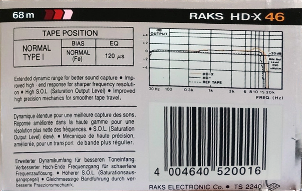 Compact Cassette RAKS HD-X 46 Type I Normal 1989 Europe