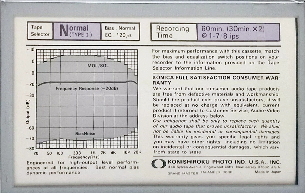 Compact Cassette Konica GM-I 60 "Grand Master I" Type I Normal 1985 USA