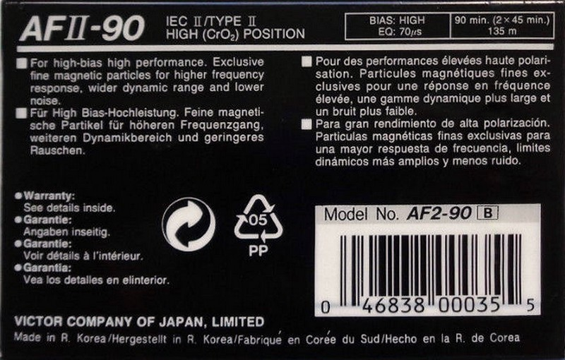 Compact Cassette JVC AFII 90 "AF2-90B" Type II Chrome 1992 North America