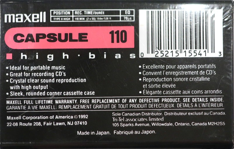 Compact Cassette Maxell Capsule 110 Type II Chrome 1992 North America