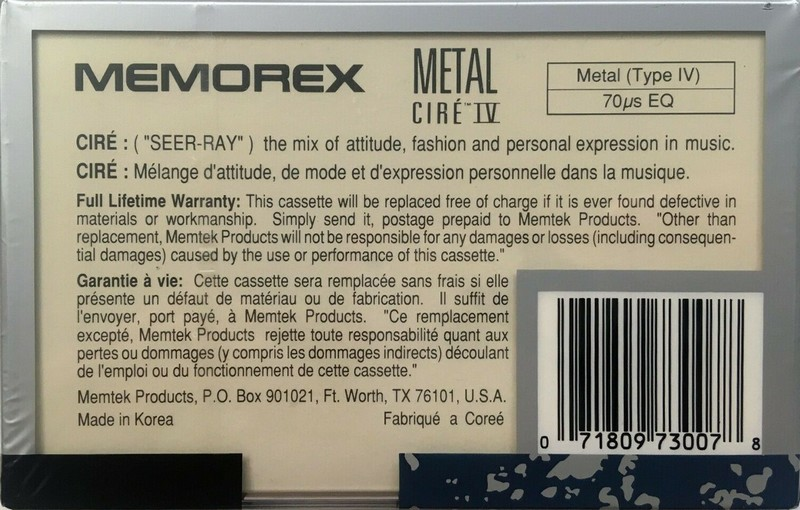 Compact Cassette Memorex Cire IV 110 Type IV Metal 1991 Canada, USA