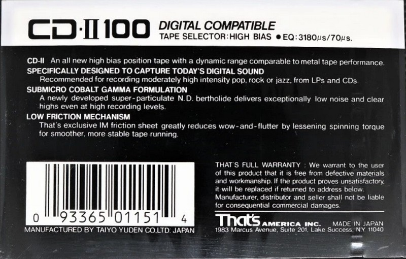 Compact Cassette Thats CD 100 "CD-II" Type II Chrome 1987 USA