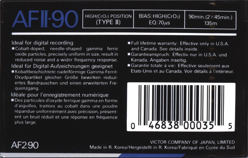 Compact Cassette JVC AFII 90 Type II Chrome 1990 North America