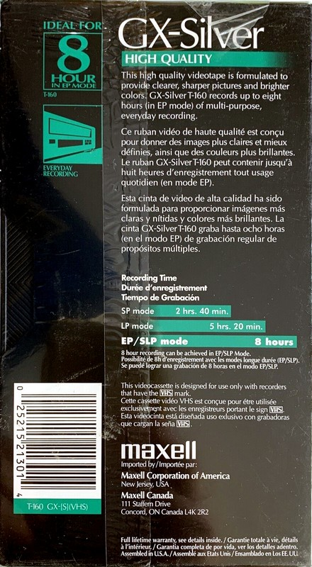 VHS, Video Home System Maxell GX-Silver 160 "T-160 GX-(S)" Type I Normal 1998 North America
