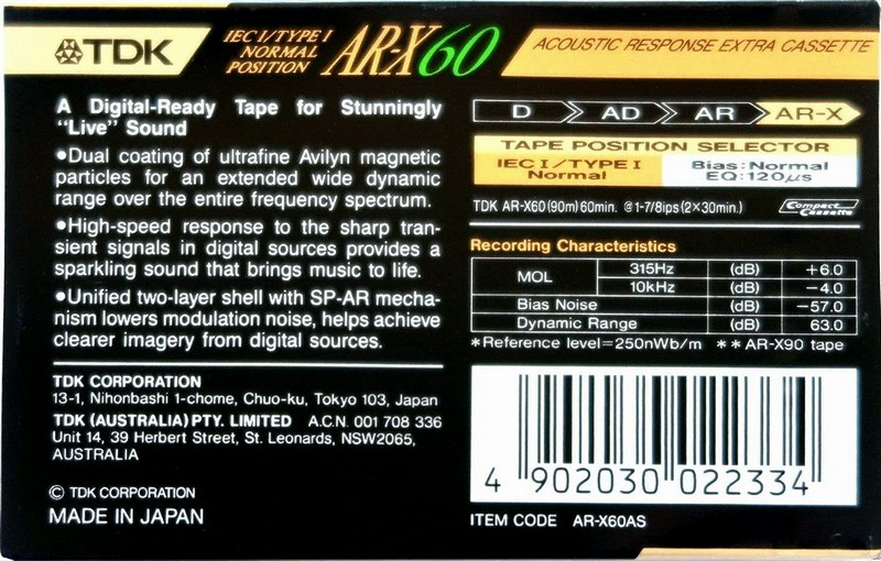 Compact Cassette TDK AR-X 60 "AR-X60AS" Type I Normal 1991 Australia