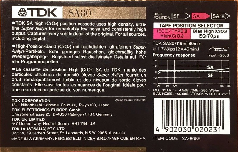 Compact Cassette TDK SA 80 "SA-80SE" Type II Chrome 1990 Australia, Europe