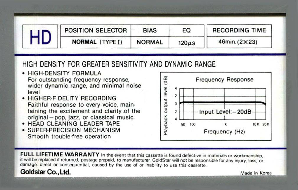 Compact Cassette Goldstar HD 46 Type I Normal 1986 USA