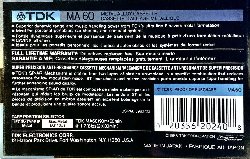 Compact Cassette TDK MA 60 Type IV Metal 1988 USA
