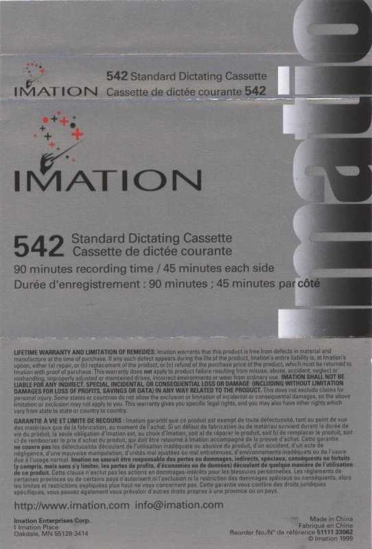 Compact Cassette Imation 542 90 Dictating Cassette 1999 USA
