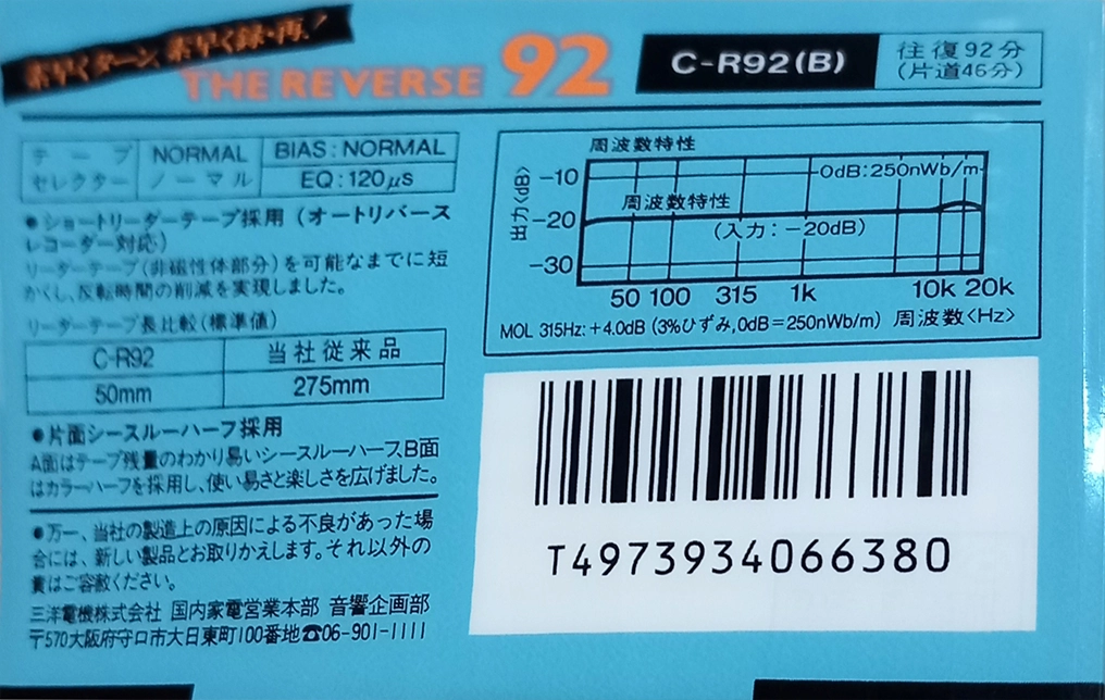 Compact Cassette Sanyo The Reverse 92 "C-R92(B)" Type I Normal 1986 Japan