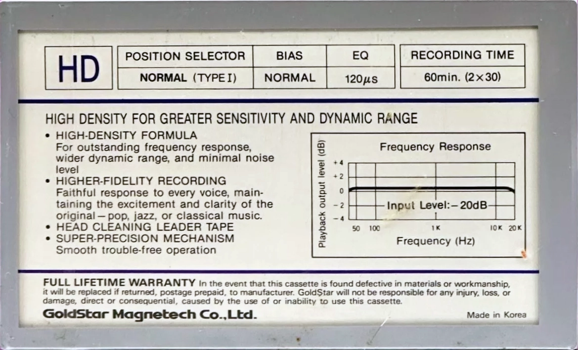 Compact Cassette Goldstar HD 60 Type I Normal 1986 USA