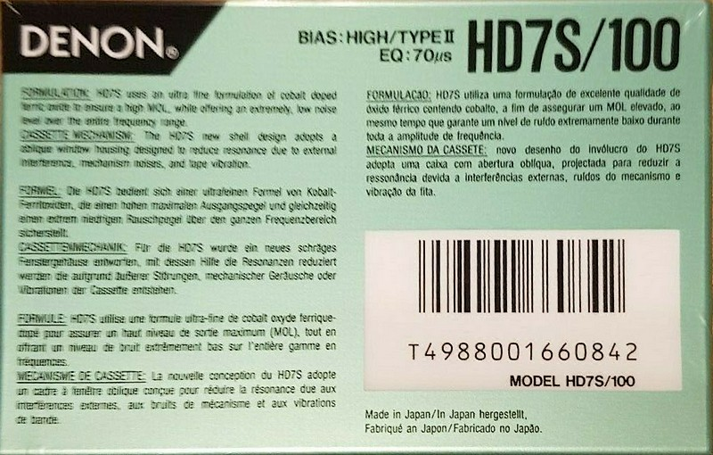 Compact Cassette Denon HD7S 100 Type II Chrome 1990 Europe