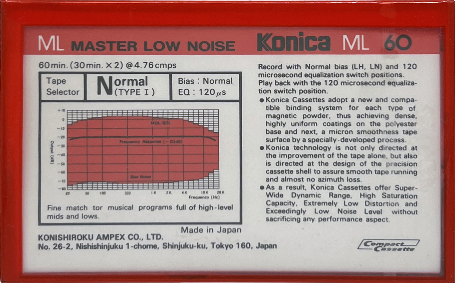 Compact Cassette Konica ML 60 Type I Normal 1984 USA