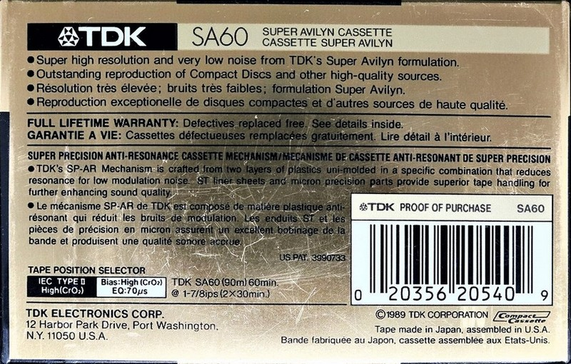 Compact Cassette TDK SA 60 "SA60" Type II Chrome 1989 North America