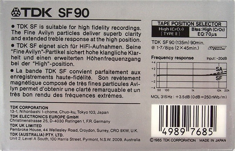 Compact Cassette TDK SF 90 Type II Chrome 1985 Australia, Europe