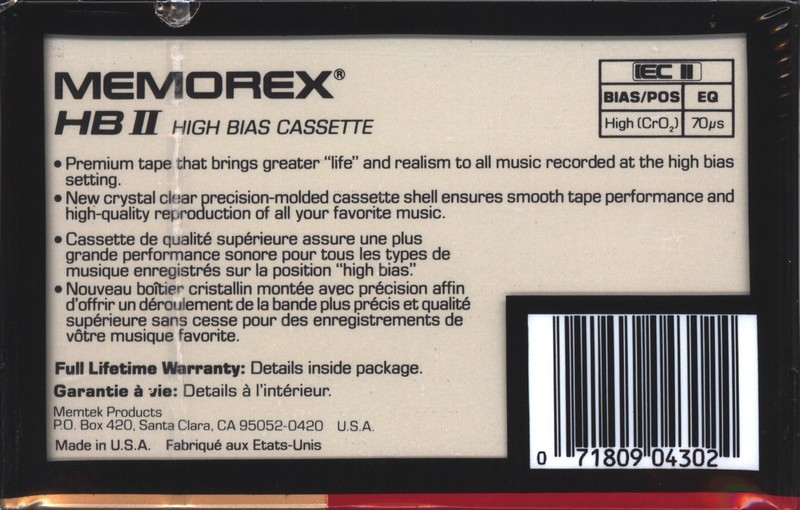 Compact Cassette Memorex HB II 90 Type II Chrome 1987 USA