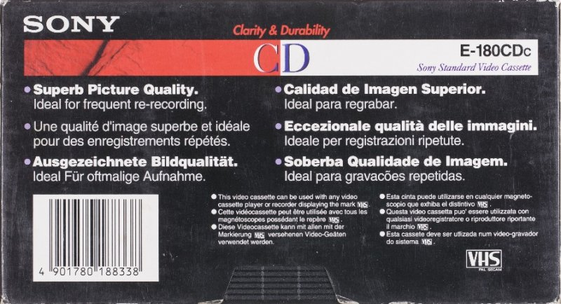 VHS, Video Home System Sony CD 180 "E-180CDc" Type I Normal 1996 Europe