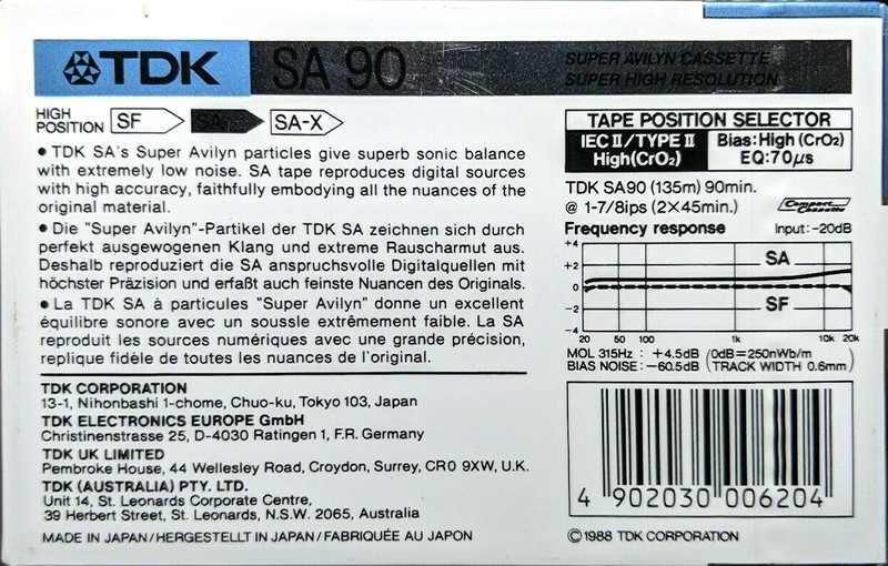 Compact Cassette TDK SA 90 Type II Chrome 1988 Australia, Europe