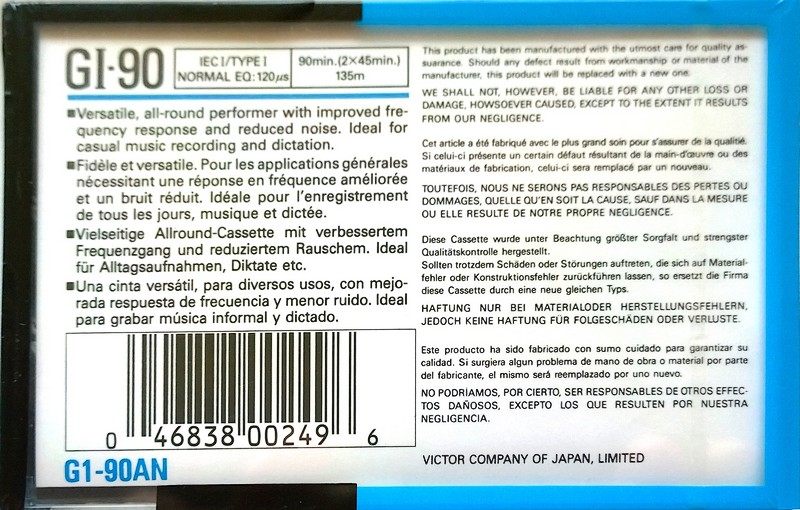 Compact Cassette JVC GI 90 "G1-90AN" Type I Normal 1990 North America