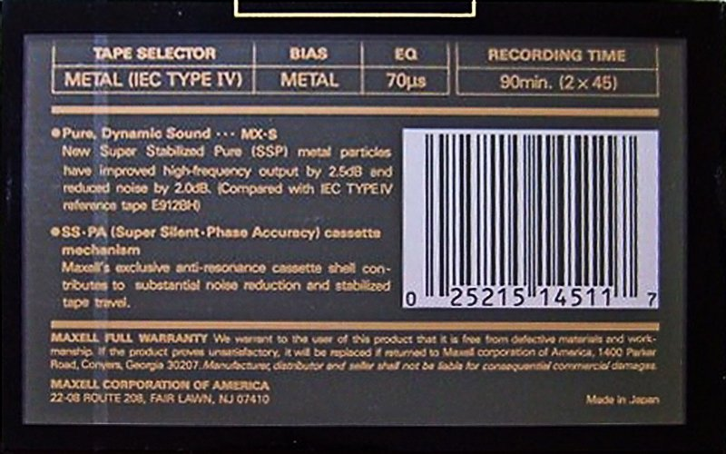Compact Cassette Maxell MX-S 90 Type IV Metal 1990 USA