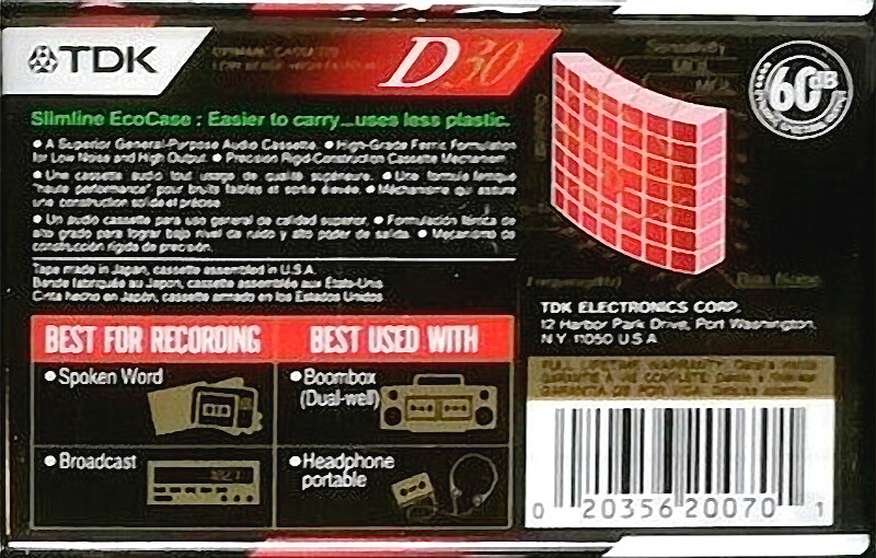 Compact Cassette TDK D 30 Type I Normal 1992 North America