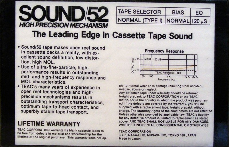 Compact Cassette Teac SOUND 46X 52 "SOUND 52BL" Type I Normal 1984 Worldwide