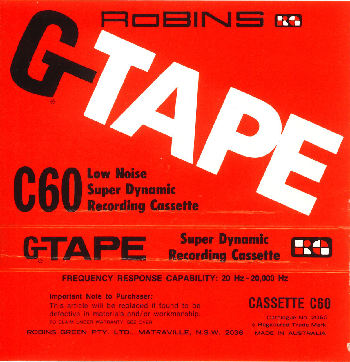 Compact Cassette Robins G-Tape 60 Type I Normal 1971 Australia