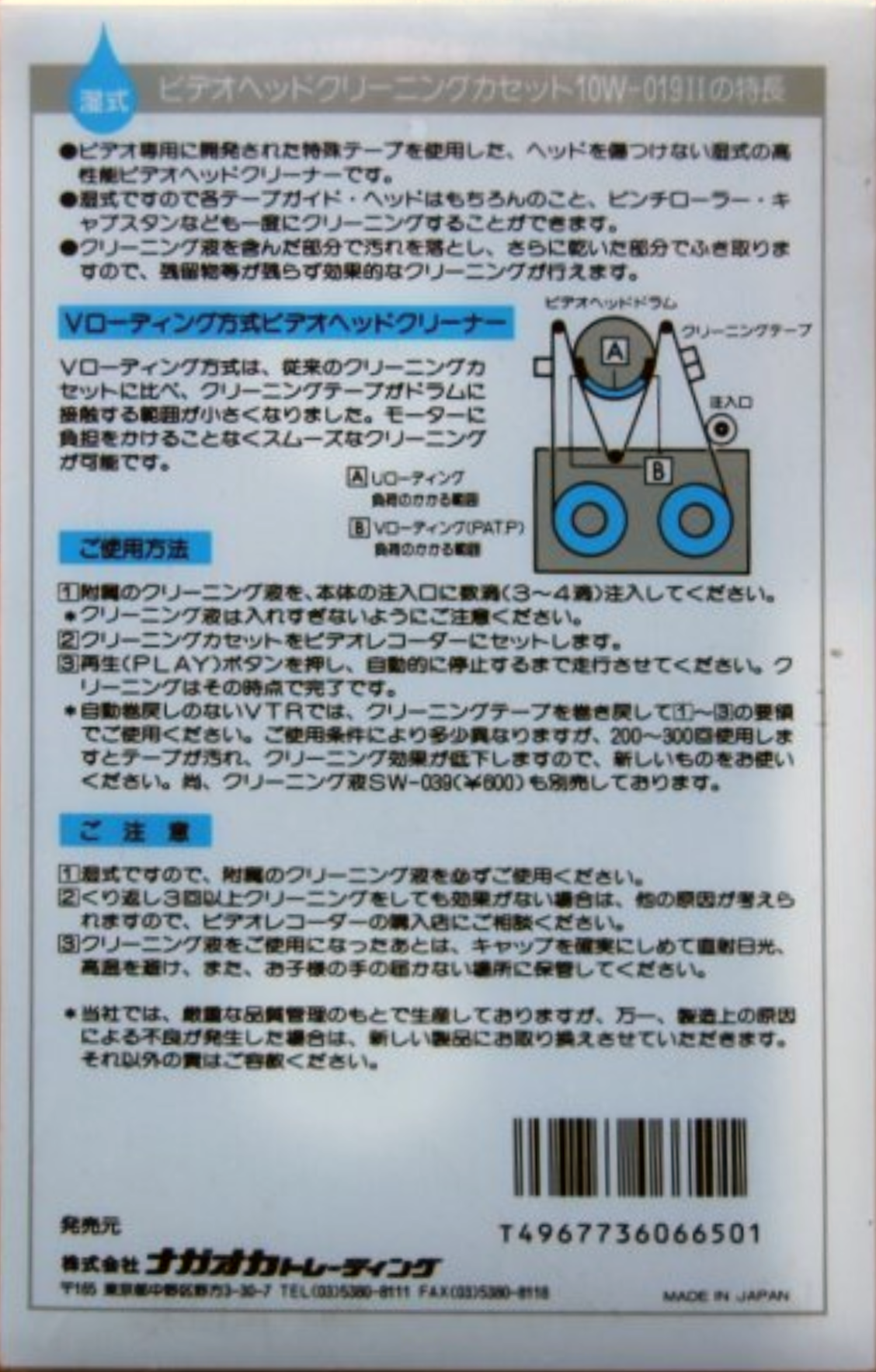 VHS, Video Home System Nagaoka "10W-019II" Cleaning Cassette Japan