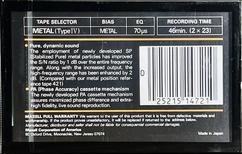 Compact Cassette Maxell MX 46 Type IV Metal 1985 USA