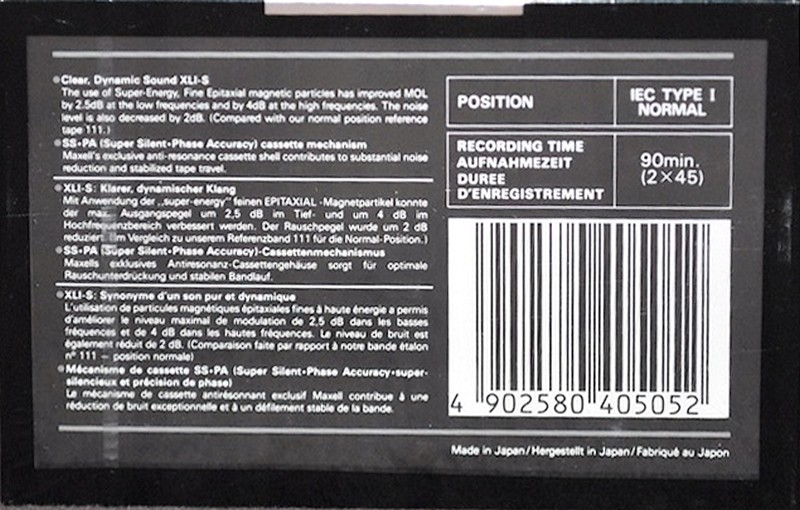 Compact Cassette Maxell XLI-S 90 Type I Normal 1988 Europe